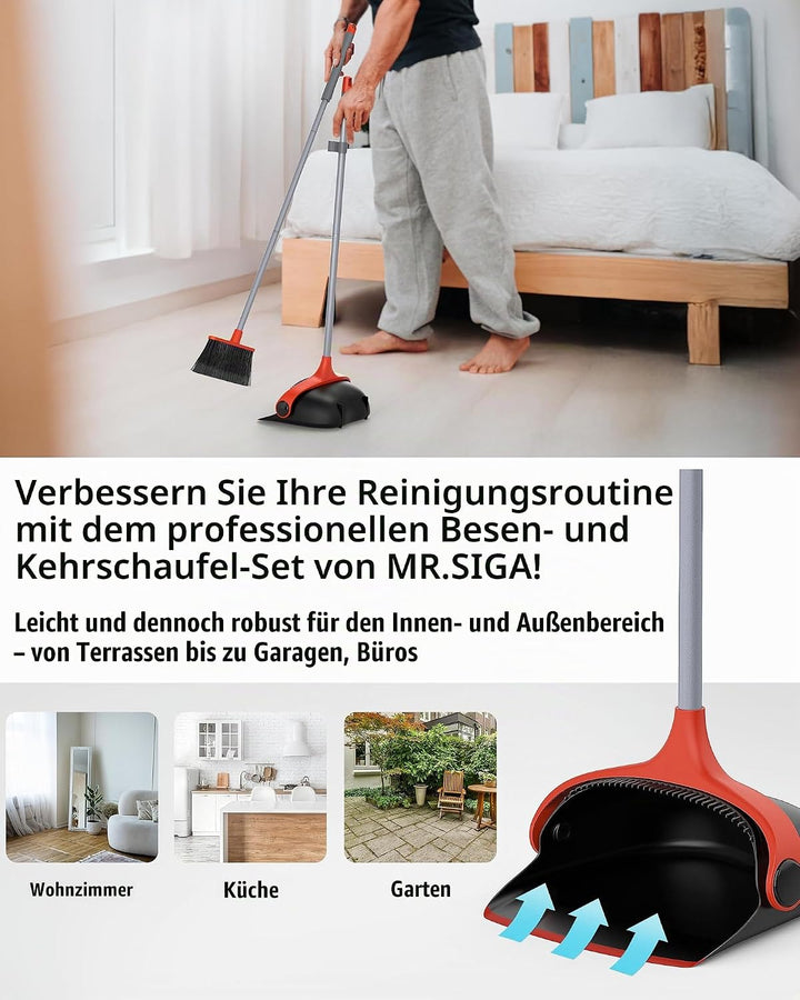 MR.SIGA Besen und Kehrschaufel Set mit langem Stiel, Standbesen mit Kehrschaufel für die Bodenreinig