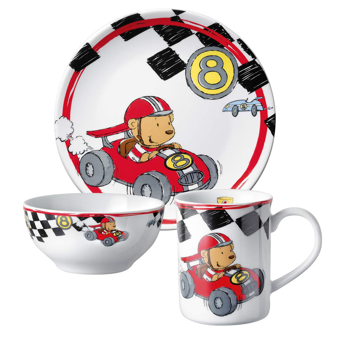 Puresigns QUICK Kindergeschirr Set 3-teilig – Rennfahrer Design – Teller, Tasse & Schale – Perfekt f