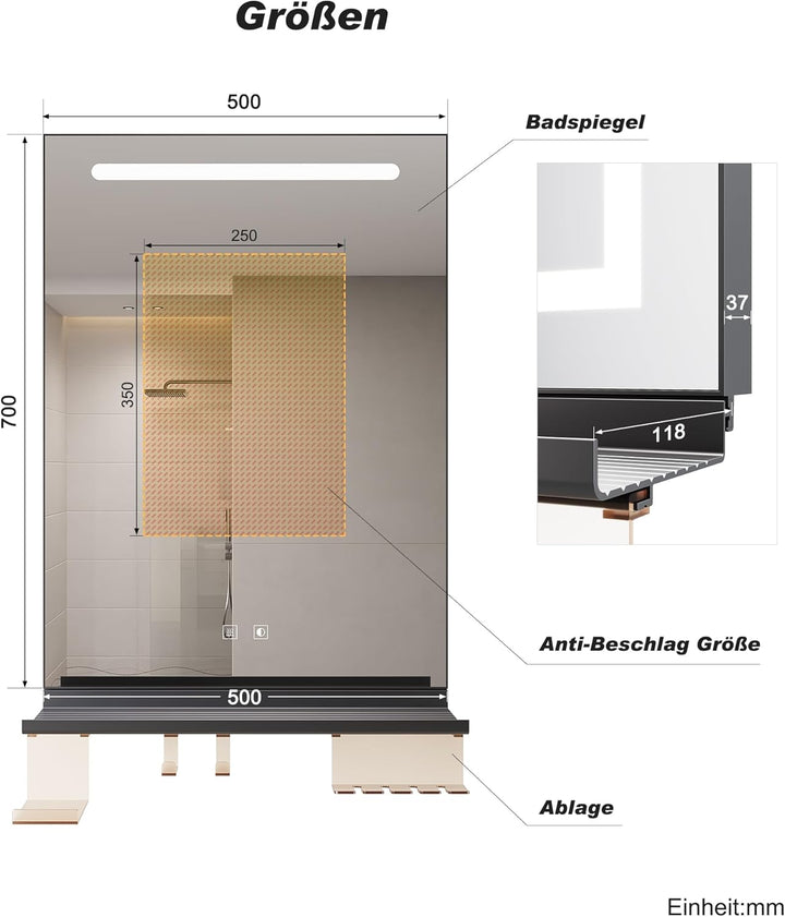 SONNI LED Badspiegel 50x70 cm, LED Wandspiegel mit Ablage 50 cm, 3 einstellbare Lichtfarben, Anti-Be