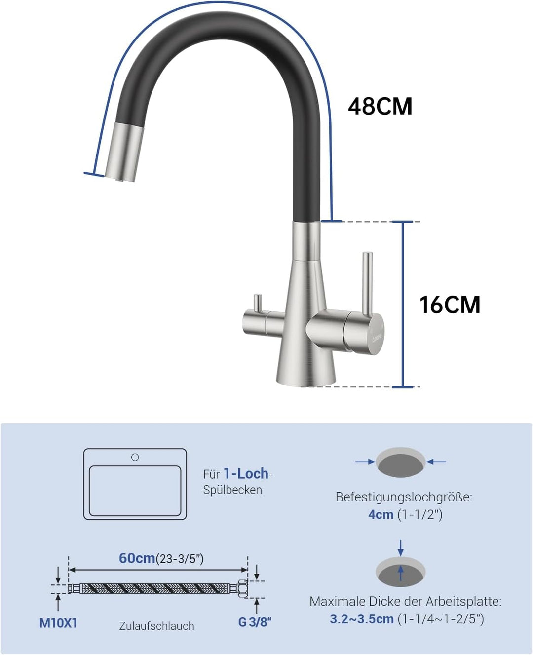 DAYONE 3 Wege Schwarz Wasserhahn Küche Flexibel, 3 in 1 Mischbatterie für Wasserfilter Osmose, 360°