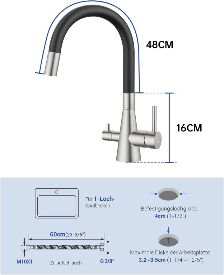 DAYONE 3 Wege Schwarz Wasserhahn Küche Flexibel, 3 in 1 Mischbatterie für Wasserfilter Osmose, 360°
