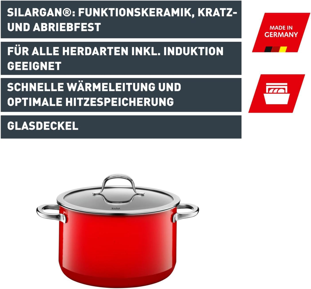 Silit Passion Red Kochtopf klein 16cm, kleiner Topf mit Glasdeckel, Fleischtopf Induktion 2l, Silarg