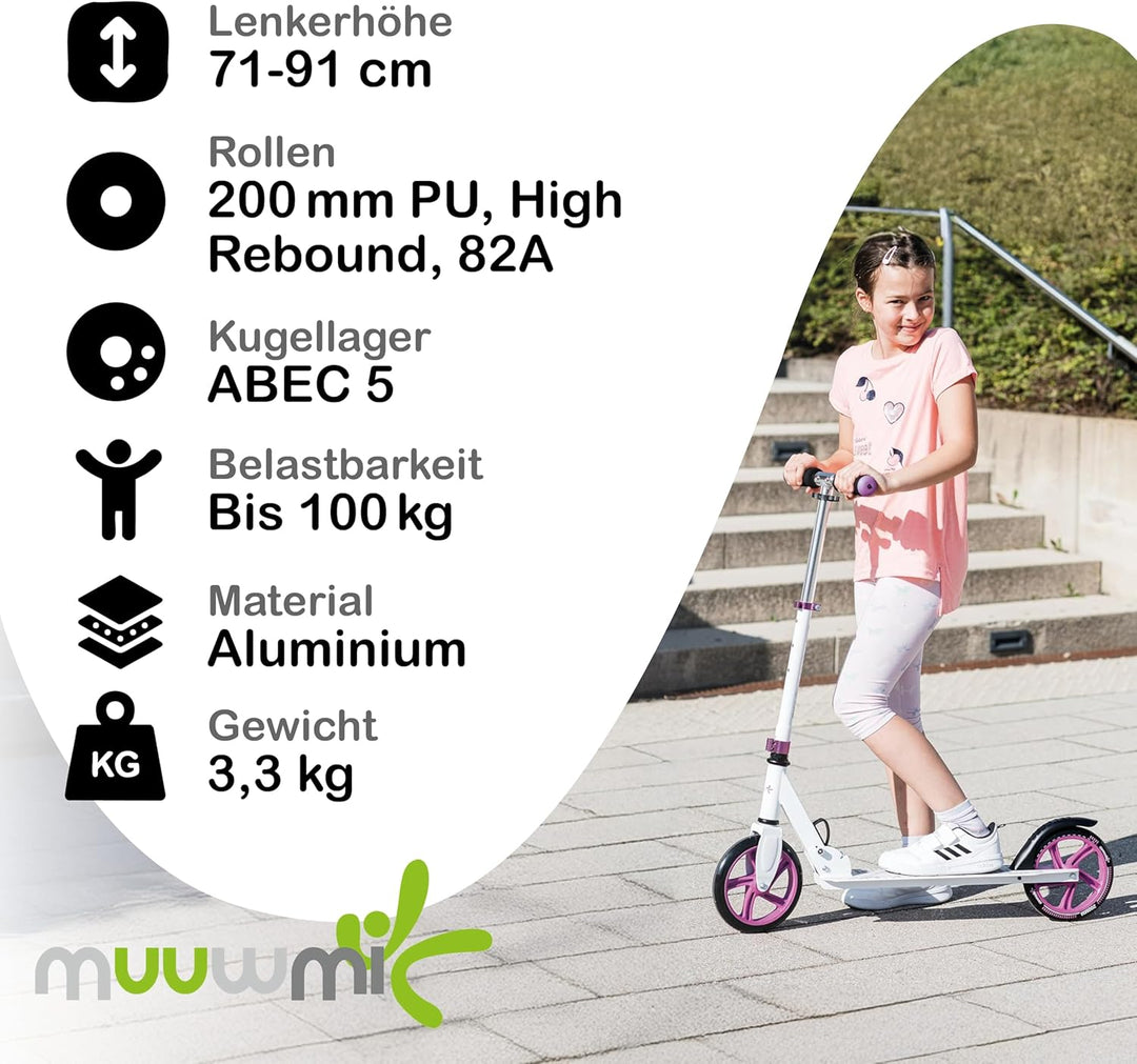 Muuwmi Aluminium Scooter - Scooter mit 200 mm Rädern | ABEC 5 | GS-geprüft | Höhenverstellbar | Klap