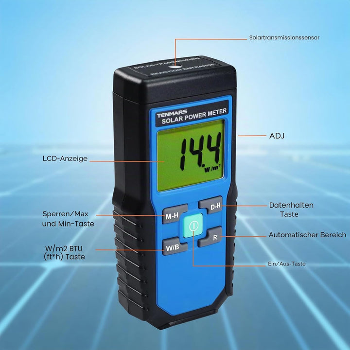 Handheld Digital Solar Leistung Meter (Pyranometer) 2000 W/m2, 634BTU / (ft2xh) Messung Solarstrahlu