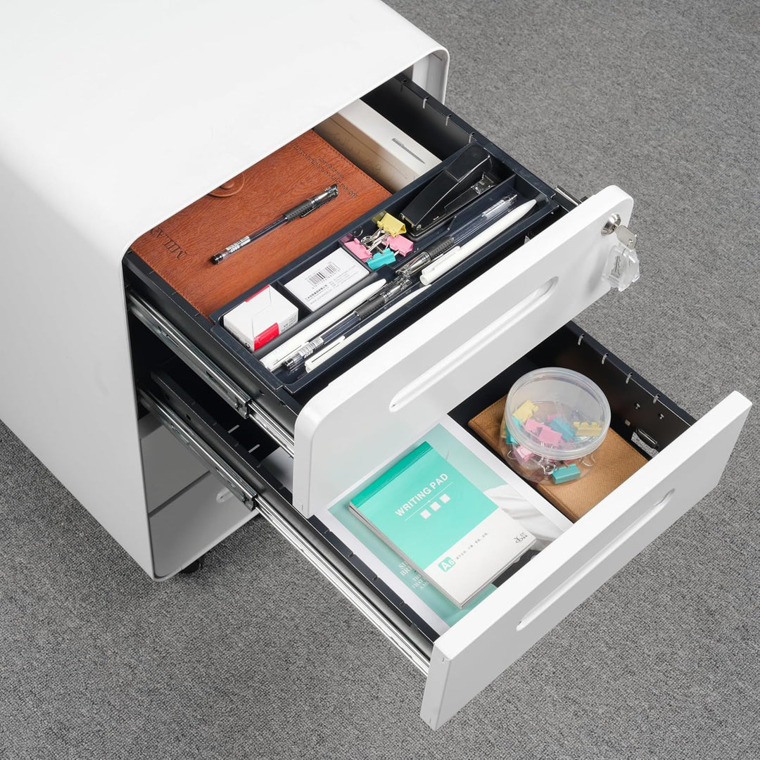 Rollcontainer mit 4 Schubladen, Aktenschrank, Abgerundetes Eckendesign, Abschliessbar, 4 Schlüsseln,