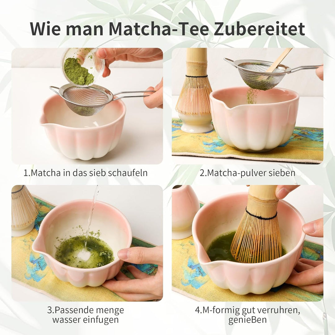 Traditionelles Japanisches Matcha Tee Zeremonie Set, 7-teilig, Bambus Besen, Keramik Schale mit Ausl