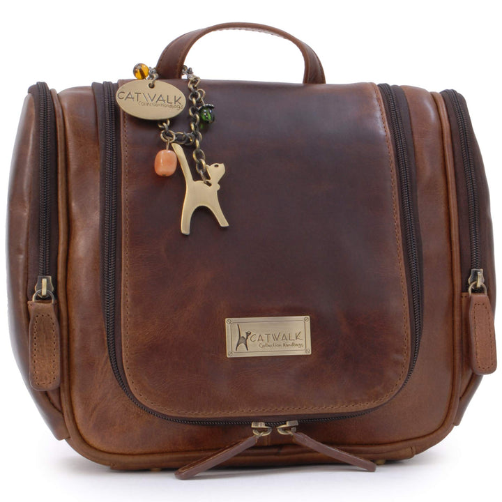 Catwalk Collection Handbags - Damen Antik-Leder Kulturtasche Gross - Kulturbeutel zum Aufhängen - Ko