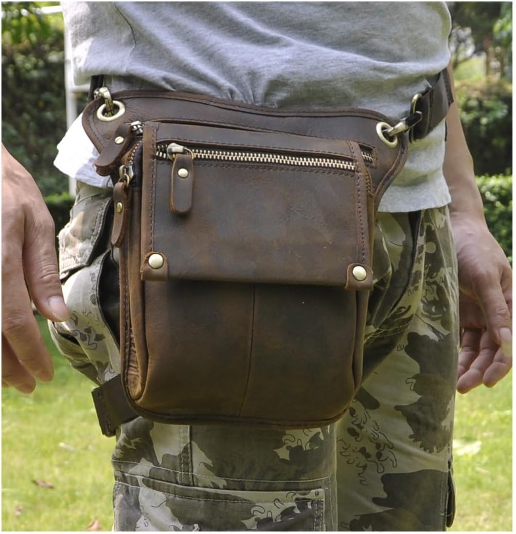 Le'aokuu Herren Echtes Leder Tasche Hüfttasche Beinbeutel Kleines Haken Tasche Messenger Bag 211-4 (