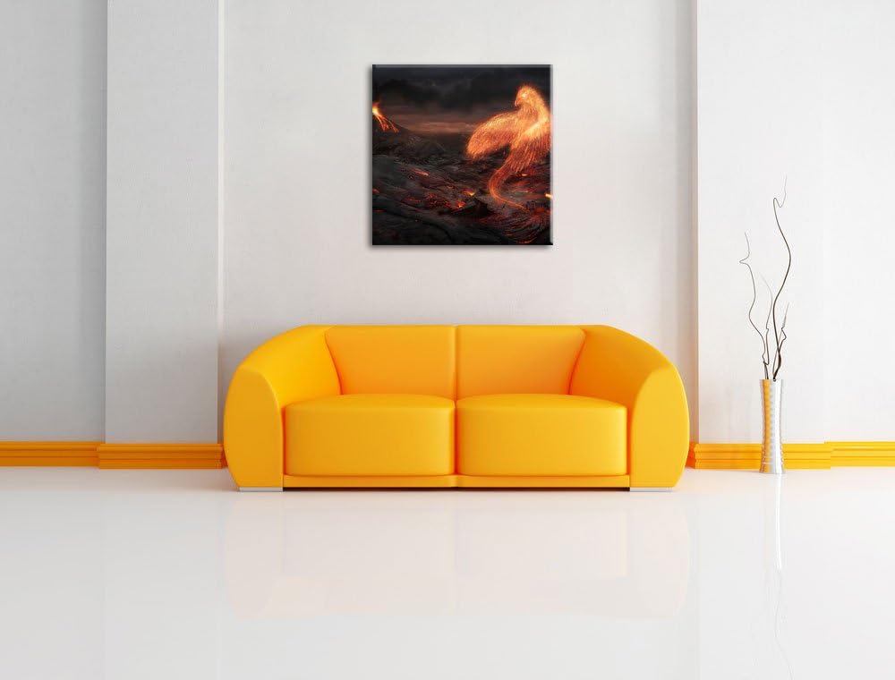 Pixxprint Brennender Phönix Vulkanlandschaft, Format: 70x70 auf Leinwand, 70x70