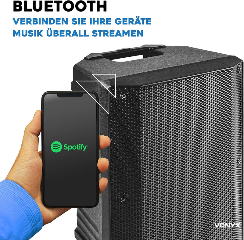 Vonyx VSA500 Partybox 800W Mobile PA Anlage Komplettset, Bluetooth Lautsprecher gross mit Akku, inkl