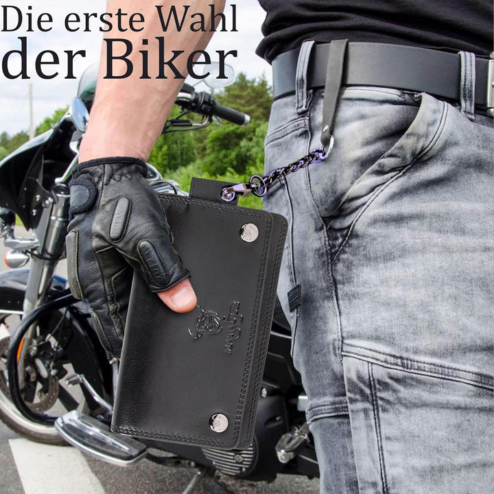 MATADOR Leder Biker Geldbörse mit Kette Bikerbörse Herren Bikergeldbörse RFID & NFC Schutz Schwarz,