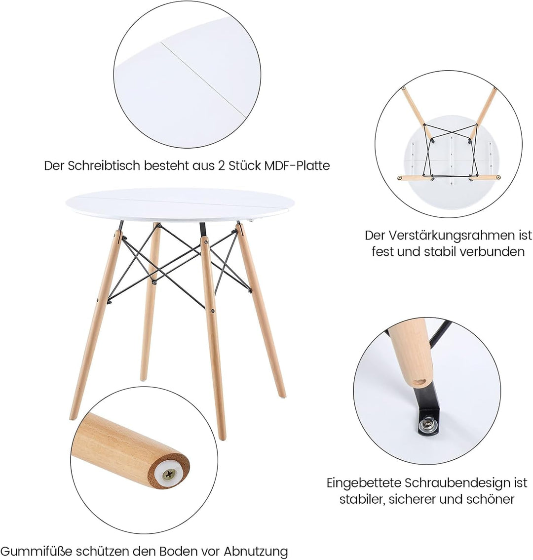 H.J WeDoo Esstisch Rund Küchentisch Modern Retro Kaffeetisch mit Buche Holz Beine Weiss 80 x 75 cm,