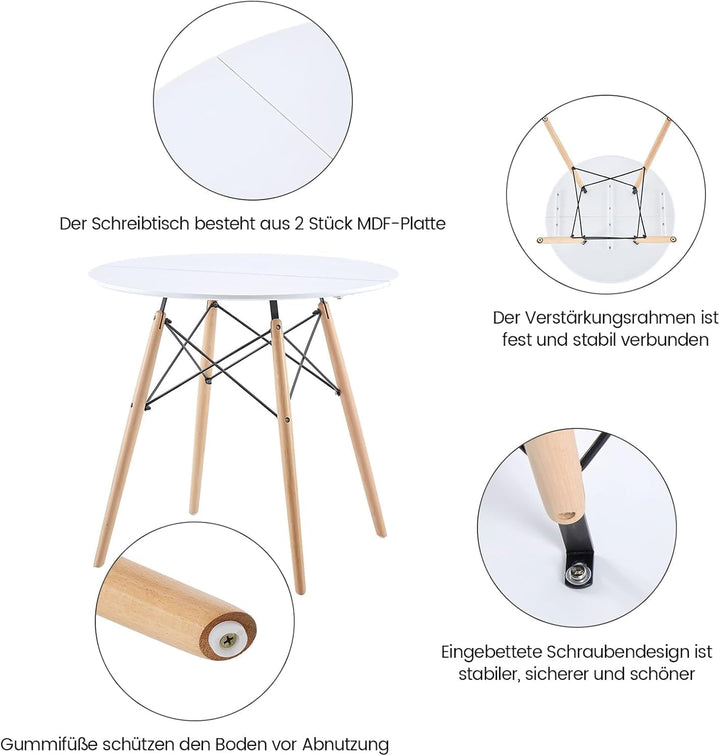 H.J WeDoo Esstisch Rund Küchentisch Modern Retro Kaffeetisch mit Buche Holz Beine Weiss 80 x 75 cm,