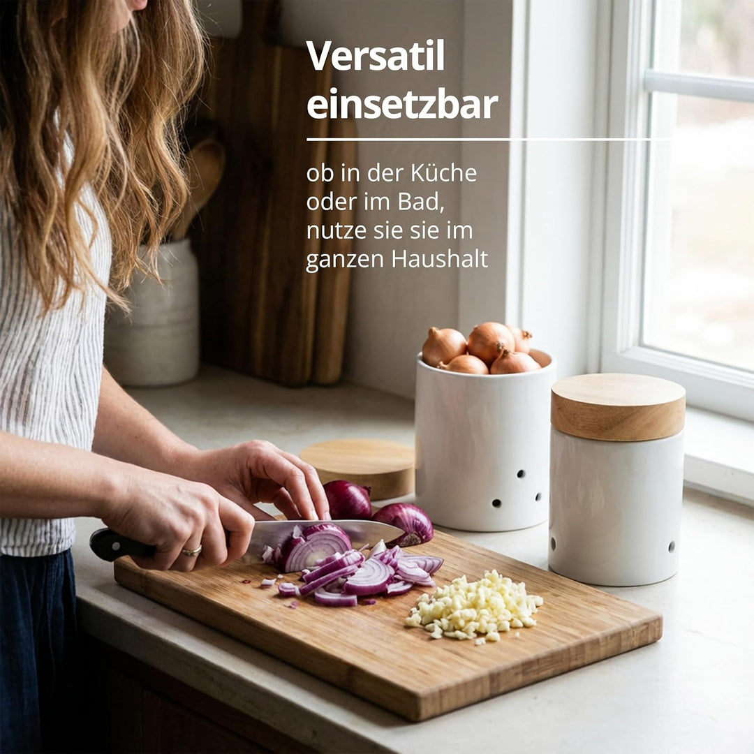 KHG Zwiebel- & Knoblauch Aufbewahrung, Vorratsdosen Keramik Steingut Weiss Holz-Deckel Bambus rund,