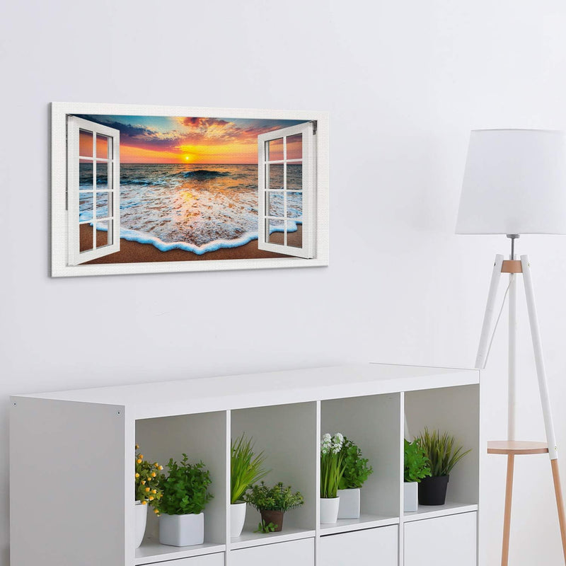 PICANOVA – Bild auf Leinwand Sonnenuntergang am Meer Fenster 100x50cm – Leinwandbild – Premium Leinw