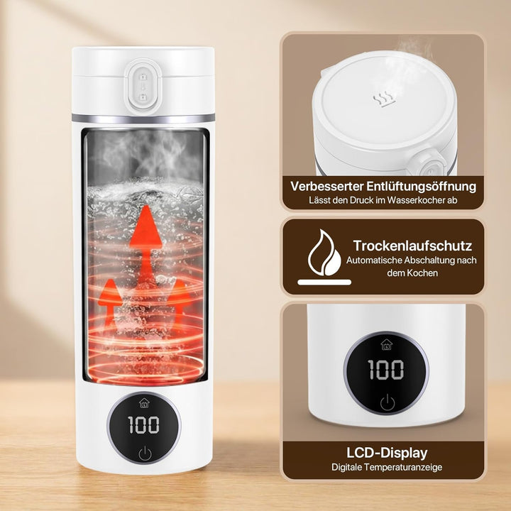 Reise Wasserkocher Klein, 450ML Mini Wasserkocher Tragbarer mit 6 Temperaturstufen, Heizung Automati