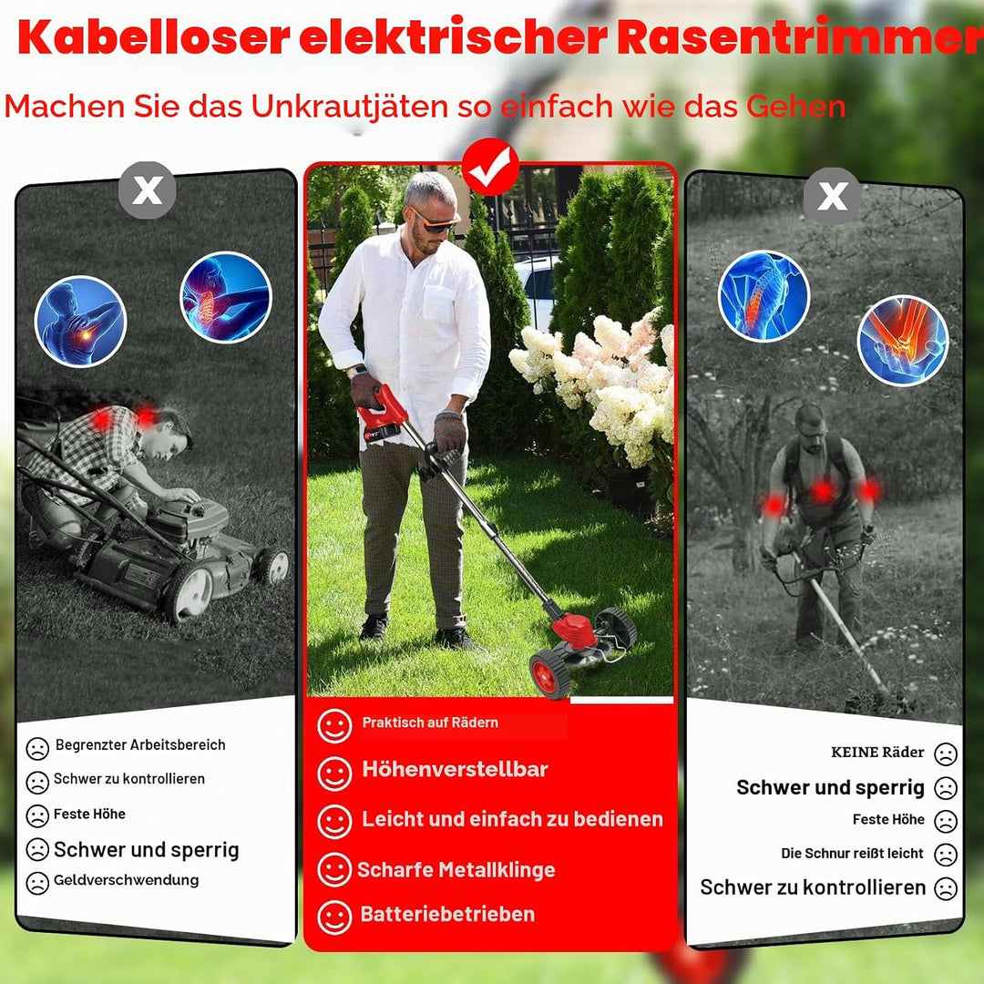 Elektrische Motorsense, kabellos, 21 V, 2,0 Ah, Rasentrimmer, kabellos, mit 2 Akkus und Schnellladeg