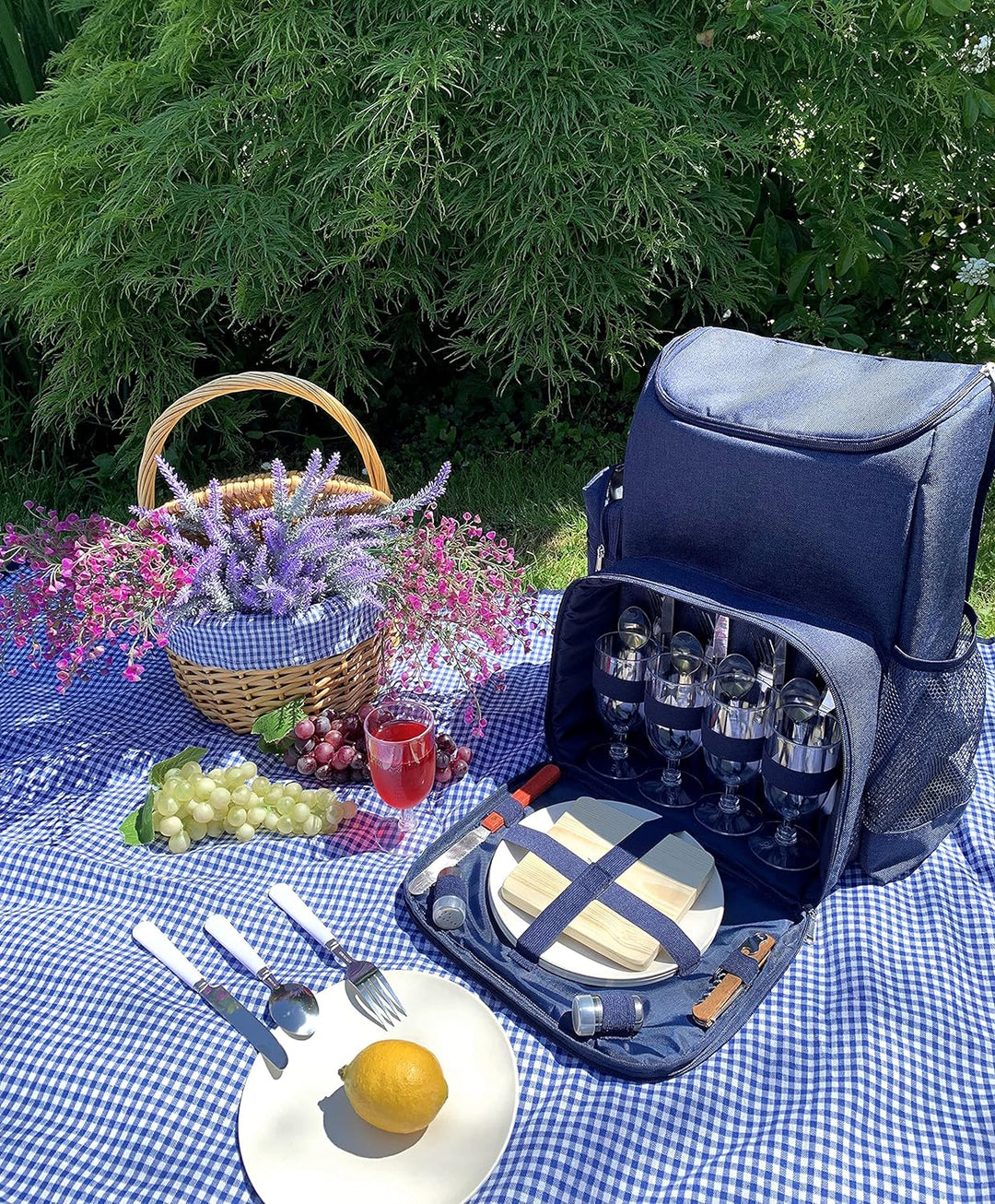 Les Jardins de la Comtesse Picknick-Rucksack, für 4 Personen, Blau, komplett mit Thermofach, robust