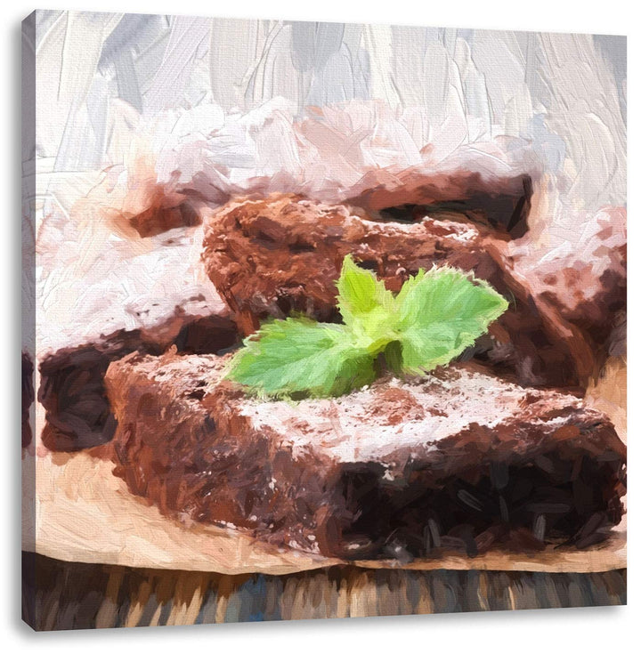 Pixxprint köstlicher Brownie mit Minze als Leinwandbild/Grösse: 70x70 cm/Wandbild/Kunstdruck/fertig
