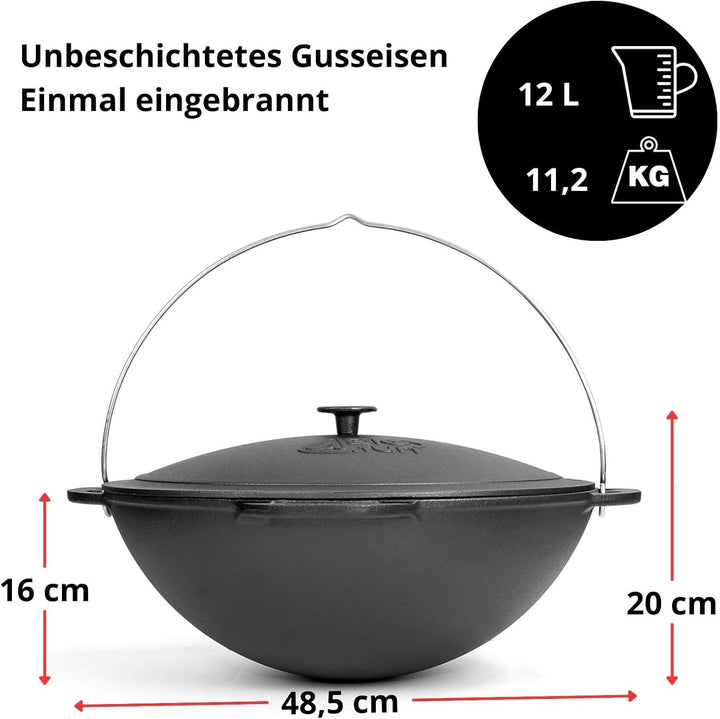 Premium Gusseisen Kazan Set 12 L mit Ofen Utschak Feuerofen Ø40 cm Uchag 2mm Stahl mit Abzugsrohr Ka
