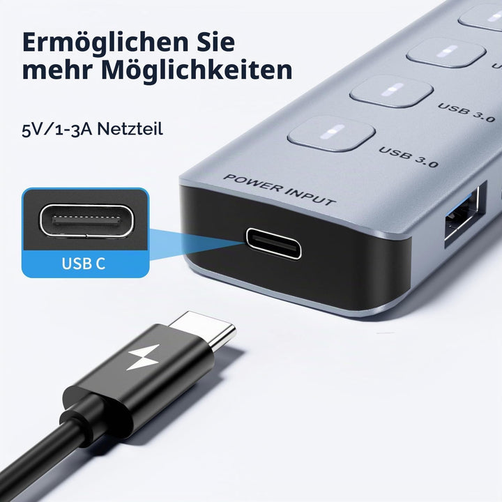JESWO 7-Port USB 3.0 Hub mit individuellen Schaltern &amp; LED-Anzeigen, Aluminium USB Verteiler 5Gbps,