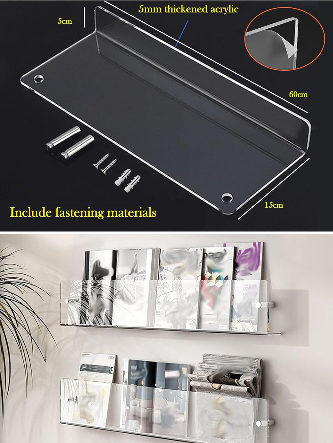 TUKA-i-AKUT 60cm Länge Wand Prospekthalter Acryl Extra Stark, Zeitschriftenhalter Wandregale für Zei