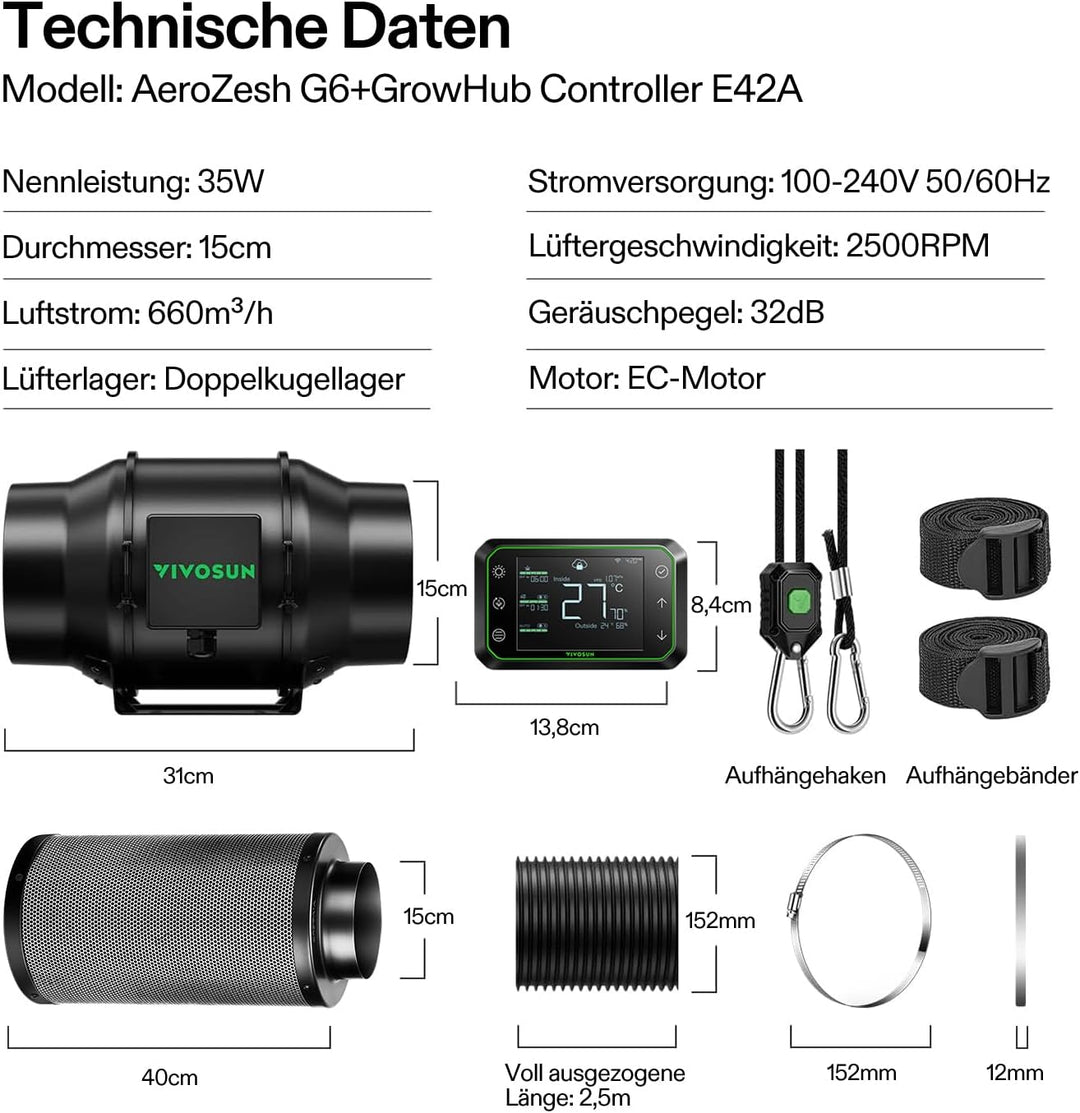 VIVOSUN Rohrventilator 150mm AeroZesh G6 Abluftset 660m³/h mit GrowHub E42A, Temperatur- und Feuchti