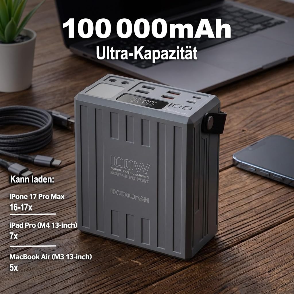 KONFULON Powerbank 100000mAh (370Wh, ca. 350Wh nutzbar) – 100W Schnellladefunktion, USB-C PD & DC-An