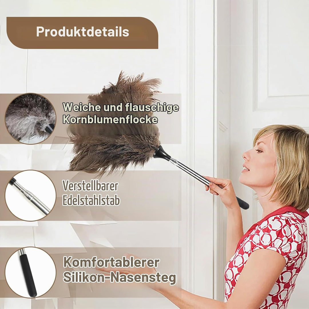 Teleskop Staubwedel Straussenfedern, Staubwedel Lang ausziehbar mit Edelstahlgriff, Straussenfedern,