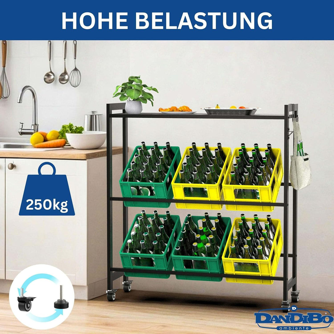 DanDiBo Getränkekistenregal 6 Kisten mit Ablagefäche Rollen Haken Metall Schwarz 96653 Getränkeregal