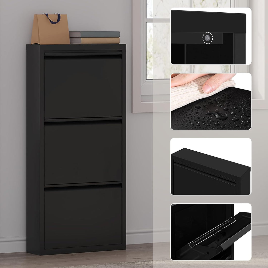 WOLTU Schuhschrank, mit 3 Klappen, Schuhregal, Schuhkipper, für 9 Paar Schuhe, aus Metall, für Flur