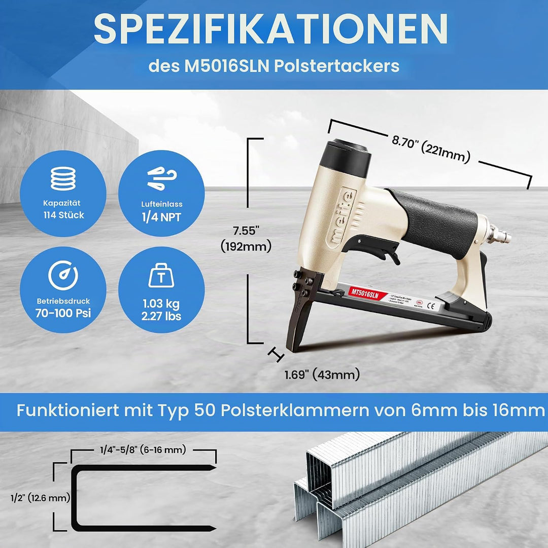 meite MT5016SLN Polsterheftgerät 20 Gauge 1/2 Zoll Krone 1/4 Zoll bis 5/8 Zoll Länge pneumatischer L