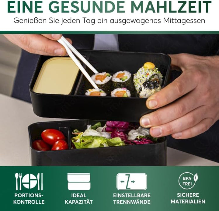 UMAMI Bento Box für Erwachsene/Kinder, neue Premium Edition, 1 Sossentöpfe & 4 Bestecke, Lunch Box f
