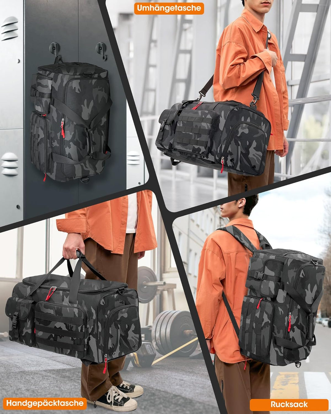 RAINSMORE 3 IN 1 Sporttasche Herren 45L Reisetasche Rucksackfunktion Handgepäck mit Schuhfach Latopf