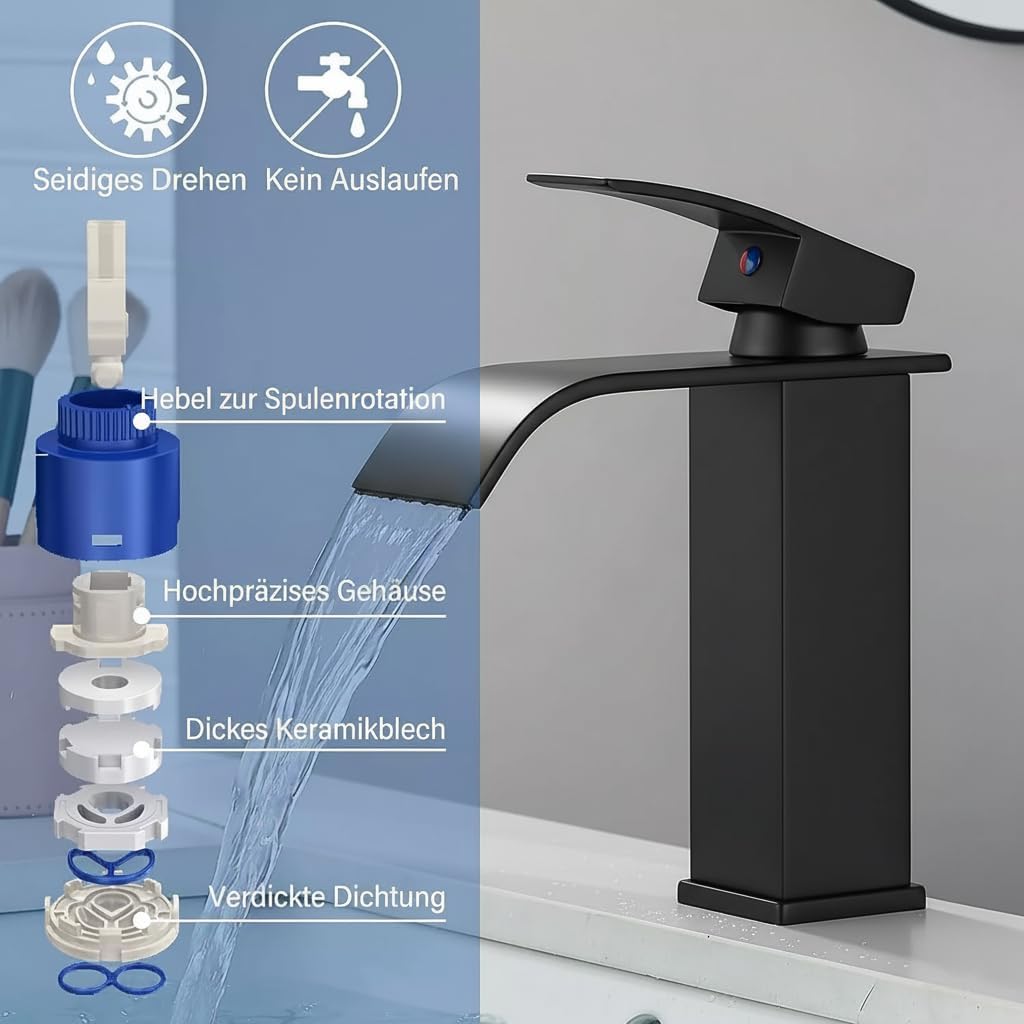 Faizee Home | Wasserfall Armatur Schwarz – Elegante Waschtischarmatur aus Messing mit breitem Auslau