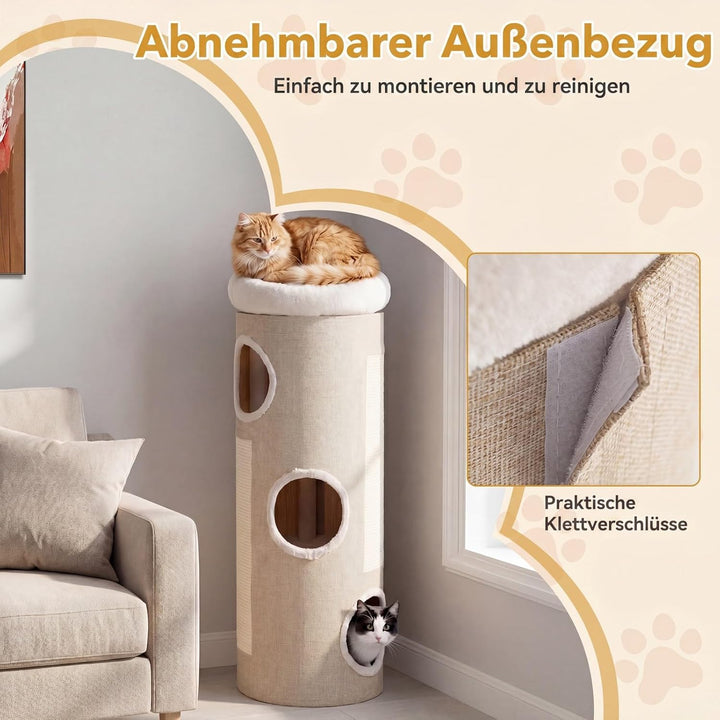 GYMAX 3-stöckige Kratztonne,Katzentonne mit gepolsterter Aussichtsplattform, 2 Sisal Kratzbretter &