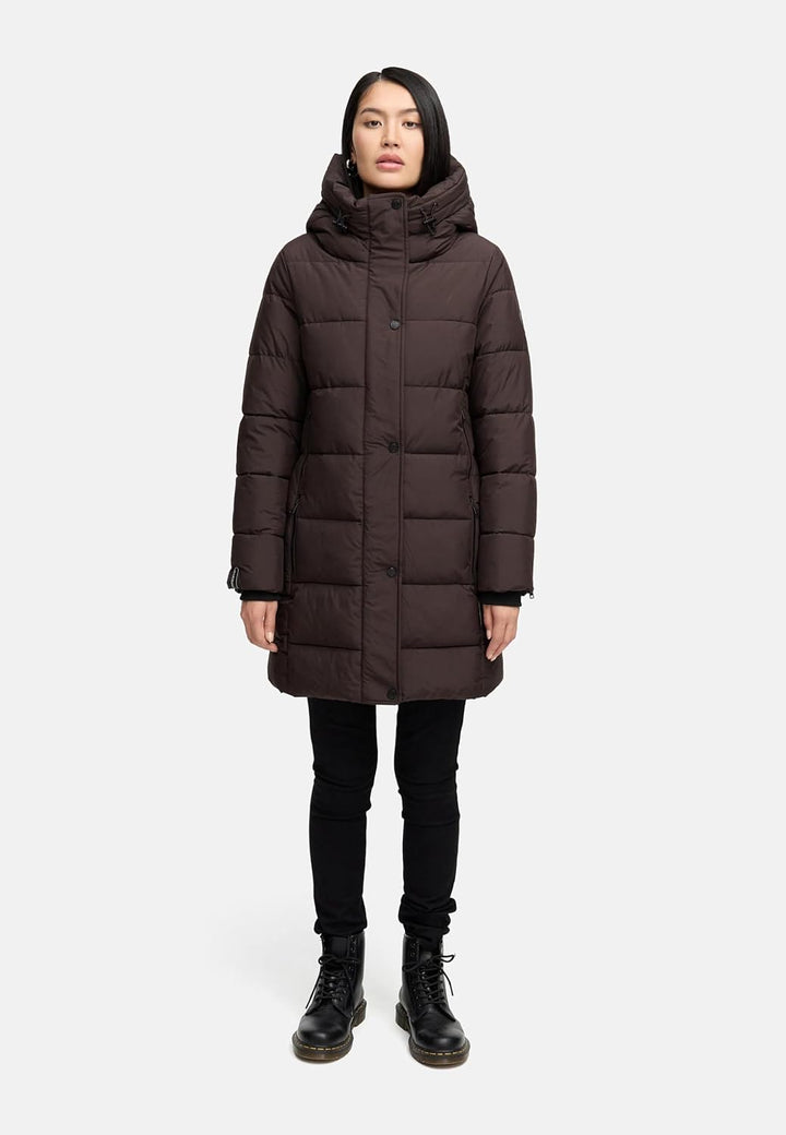 MARIKOO Damen Wintermantel warmer Steppmantel lang mit Kapuze und hohem Kragen Karumikoo XVI XS-5XL