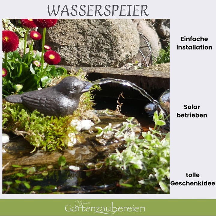 Storm's Gartenzaubereien Wasserspeier Spatz inkl.Solar- Pumpe Gusseisen