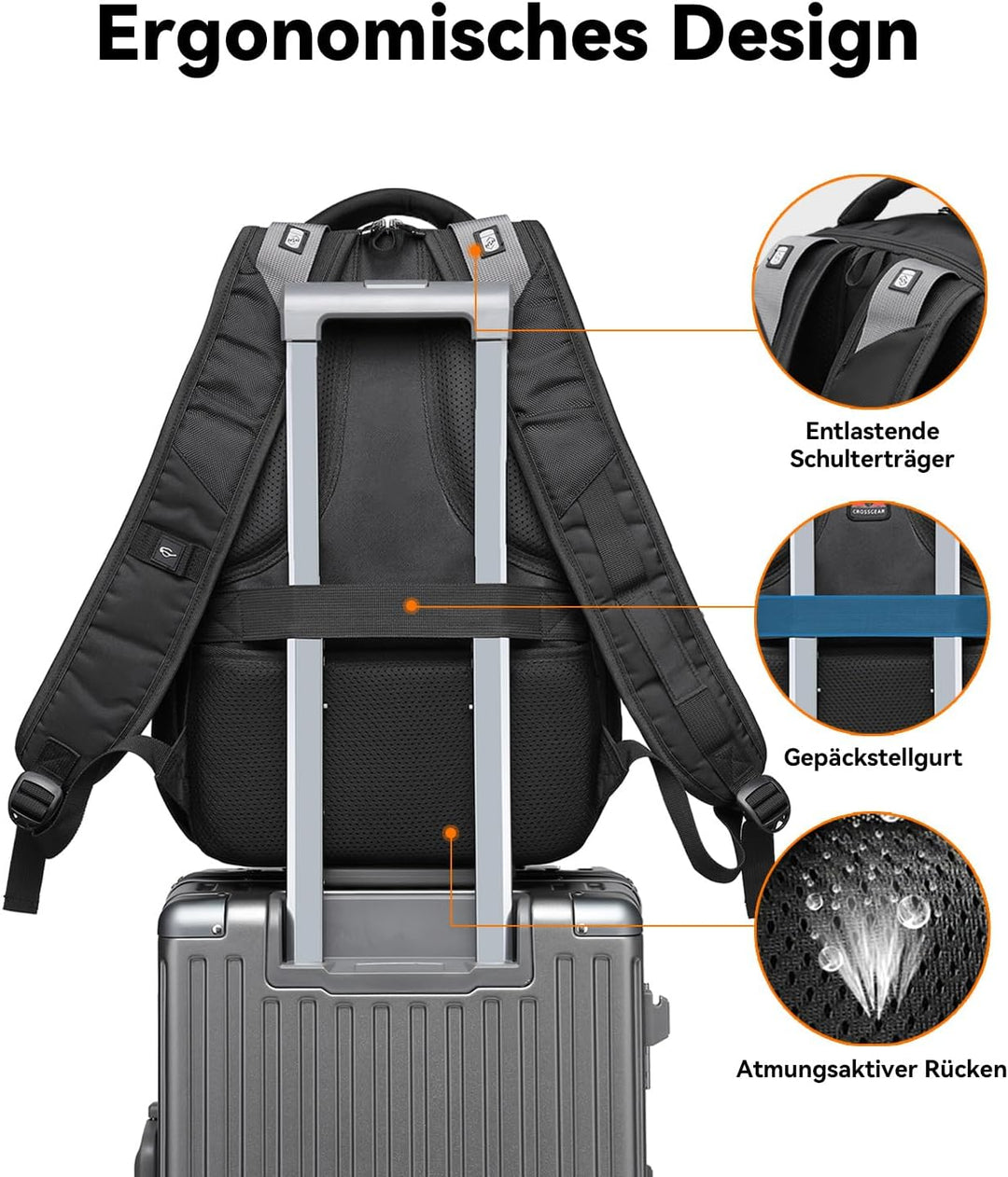 CROSSGEAR Reise-Laptop-Rucksack + Crossbody-Umhängetasche Set, 30L schwarzer wasserdichter Rucksack,