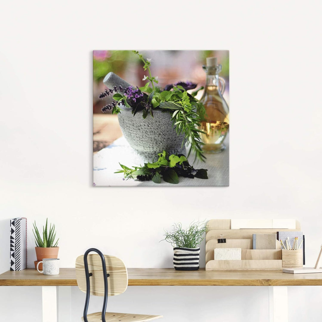 ARTland Leinwandbilder Wandbild Bild auf Leinwand 50x50 cm Kräuter Gewürze Mörser Lebensmittel Medit