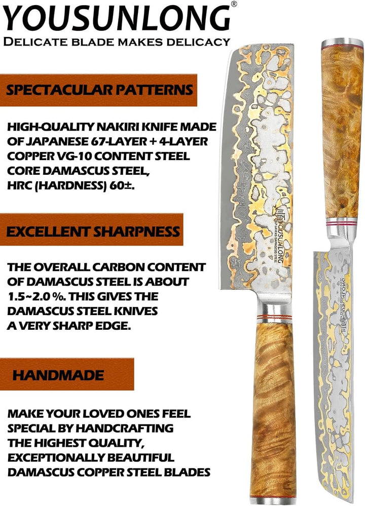 YOUSUNLONG Nakiri Messer asiatische Gemüsemesser 175mm - Ultra Sharp -japanische handgefertigte Kupf