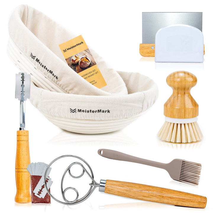 Gärkörbchen 2er-Set – Rund & Oval Gärkörbe aus 100% Rattan zum Brotbacken inkl. Brotbackzubehör: Lei