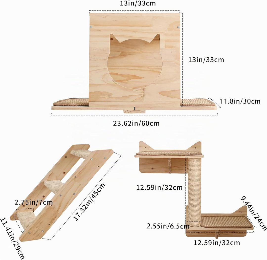 Set von Wandregalen für Katzen, mit Haus, Sisal-Kratzbaum, Kletterstufen, aus massivem Holz, für den