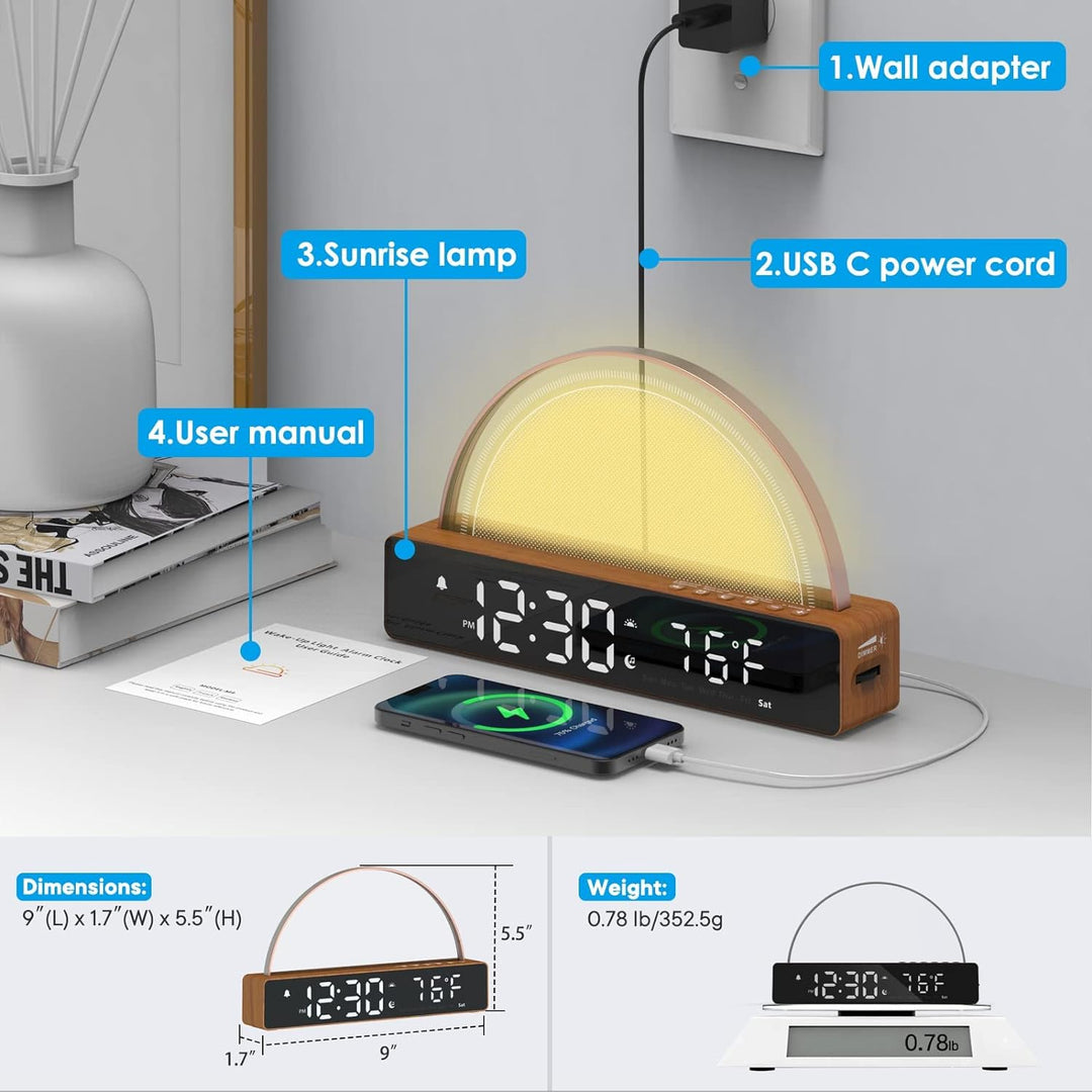 APUZOM Lichtwecker Wake Up Light, Lauter Wecker für Tiefschläfer, digital Tischuhr Nachtlicht mit Ha