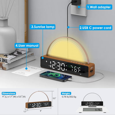 APUZOM Lichtwecker Wake Up Light, Lauter Wecker für Tiefschläfer, digital Tischuhr Nachtlicht mit Ha