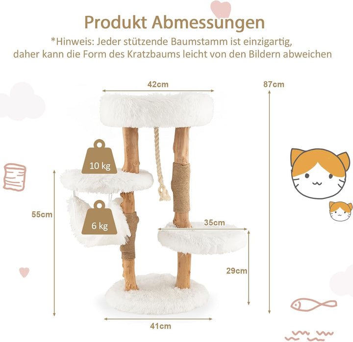 SOARS Kratzbaum Holz, Katzenbaum mit 2 natürlichen Birnbaumstämmen, Hängematte & Plüschflächen, Katz