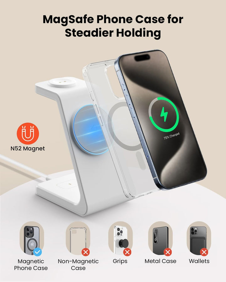 GEEKERA 3-in-1 Ladestation mit MagSafe, Qi2-zertifiziert 15W Schnell Induktive Ladegerät für iPhone