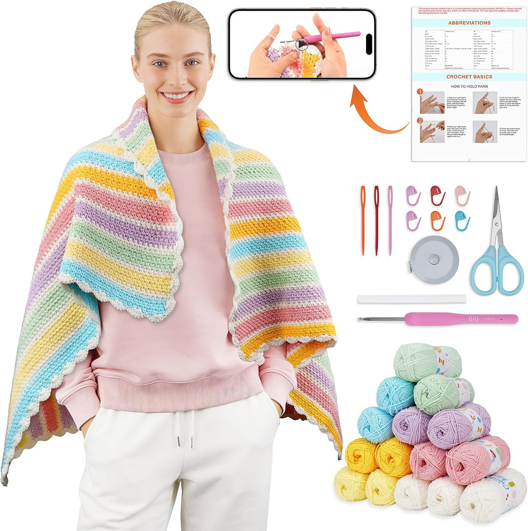Alvian Häkelset für Anfänger, Regenbogen-Decke, Häkeln, DIY-Strick-Starter-Set, enthält Garn, Metall