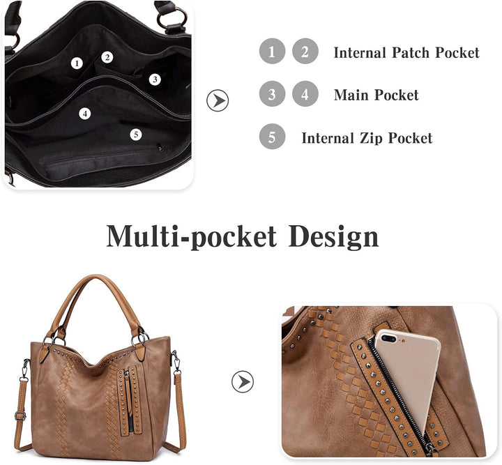 PORRASSO Mode Handtasche Damen Schultertasche Grosse Henkeltasche Frauen PU Leder Umhängetasche Reis