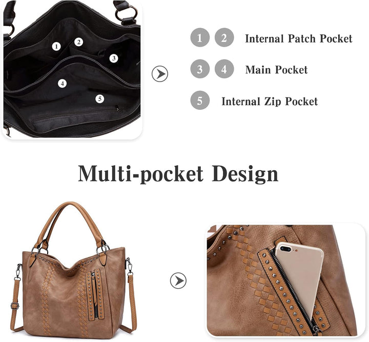 PORRASSO Mode Handtasche Damen Schultertasche Grosse Henkeltasche Frauen PU Leder Umhängetasche Reis